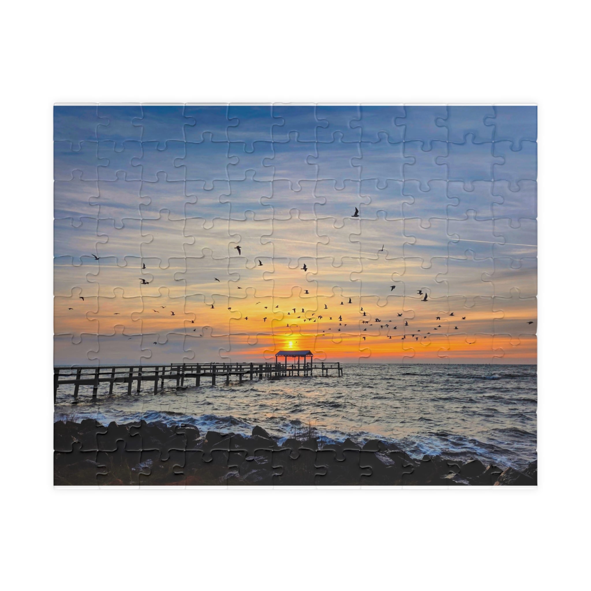 Sunrise and Birds Pier Jigsaw Puzzle — Seaside Sunset Scenic Puzzle (110/252/520/1014 pcs)