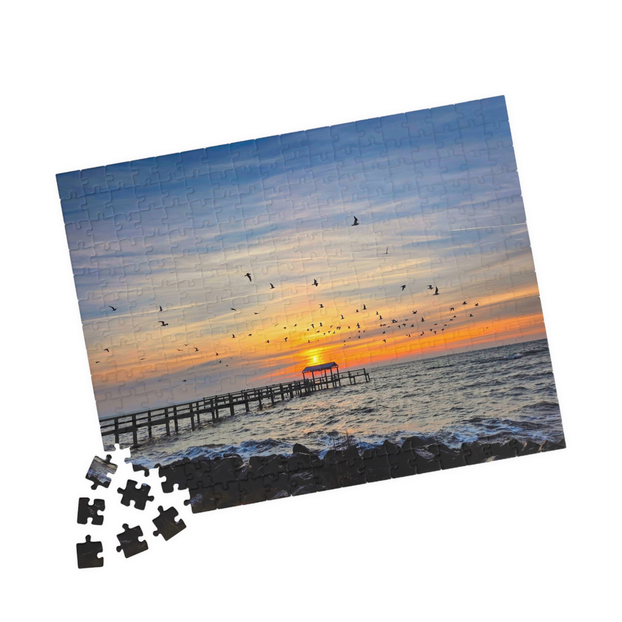 Sunrise and Birds Pier Jigsaw Puzzle — Seaside Sunset Scenic Puzzle (110/252/520/1014 pcs)