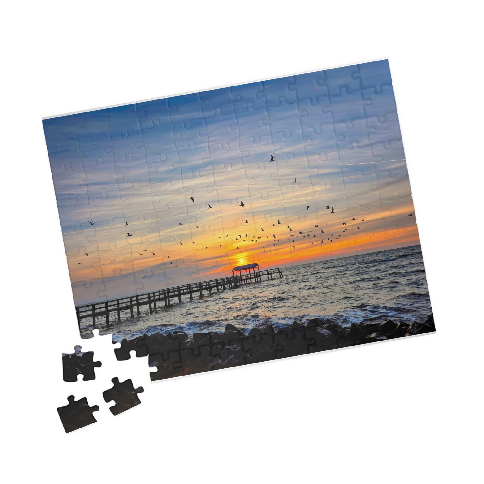 Sunrise and Birds Pier Jigsaw Puzzle — Seaside Sunset Scenic Puzzle (110/252/520/1014 pcs)